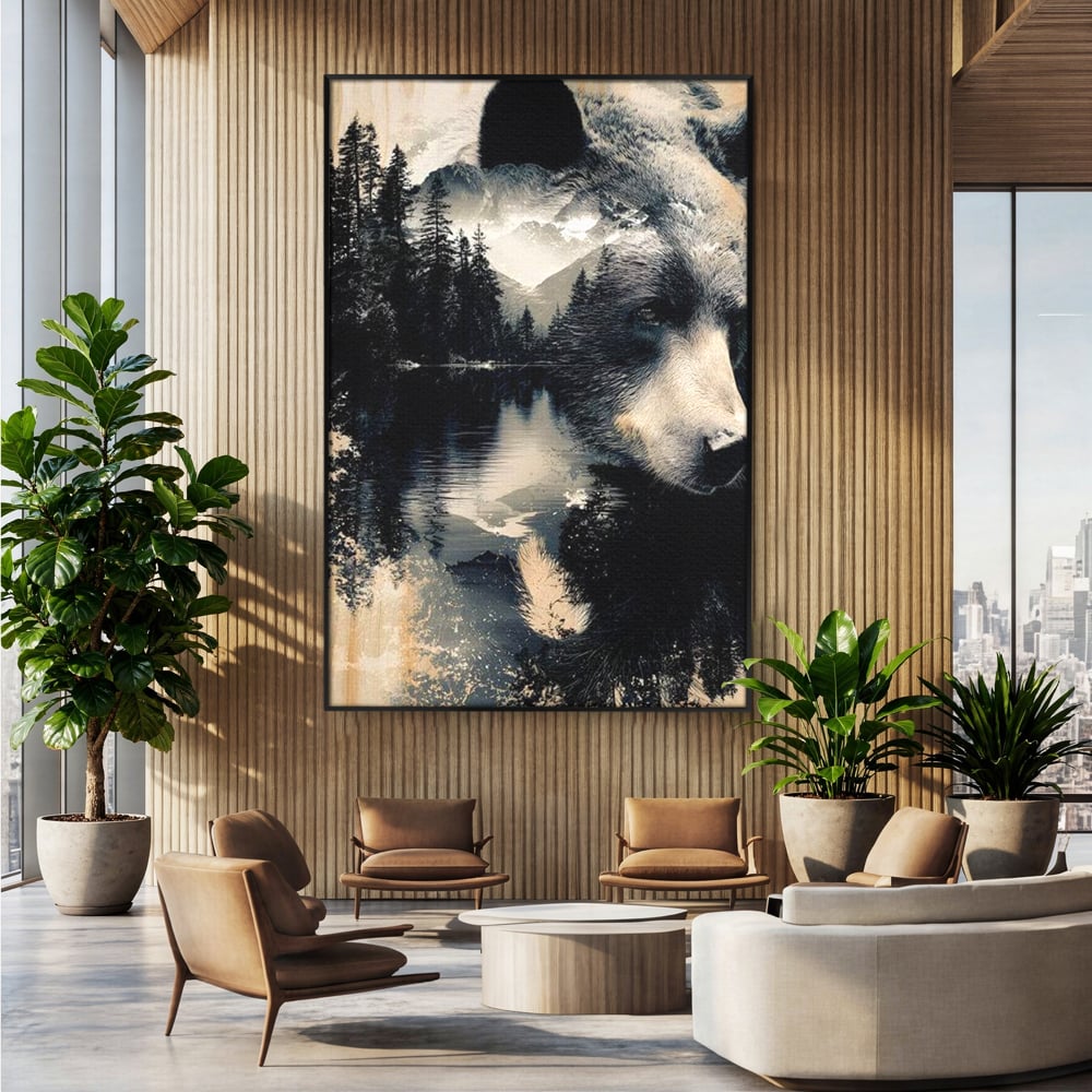 Tablou canvas cu tablou canvas cu urs si peisaj montan, in rama de aluminiu negru, pe perete intr-un birou